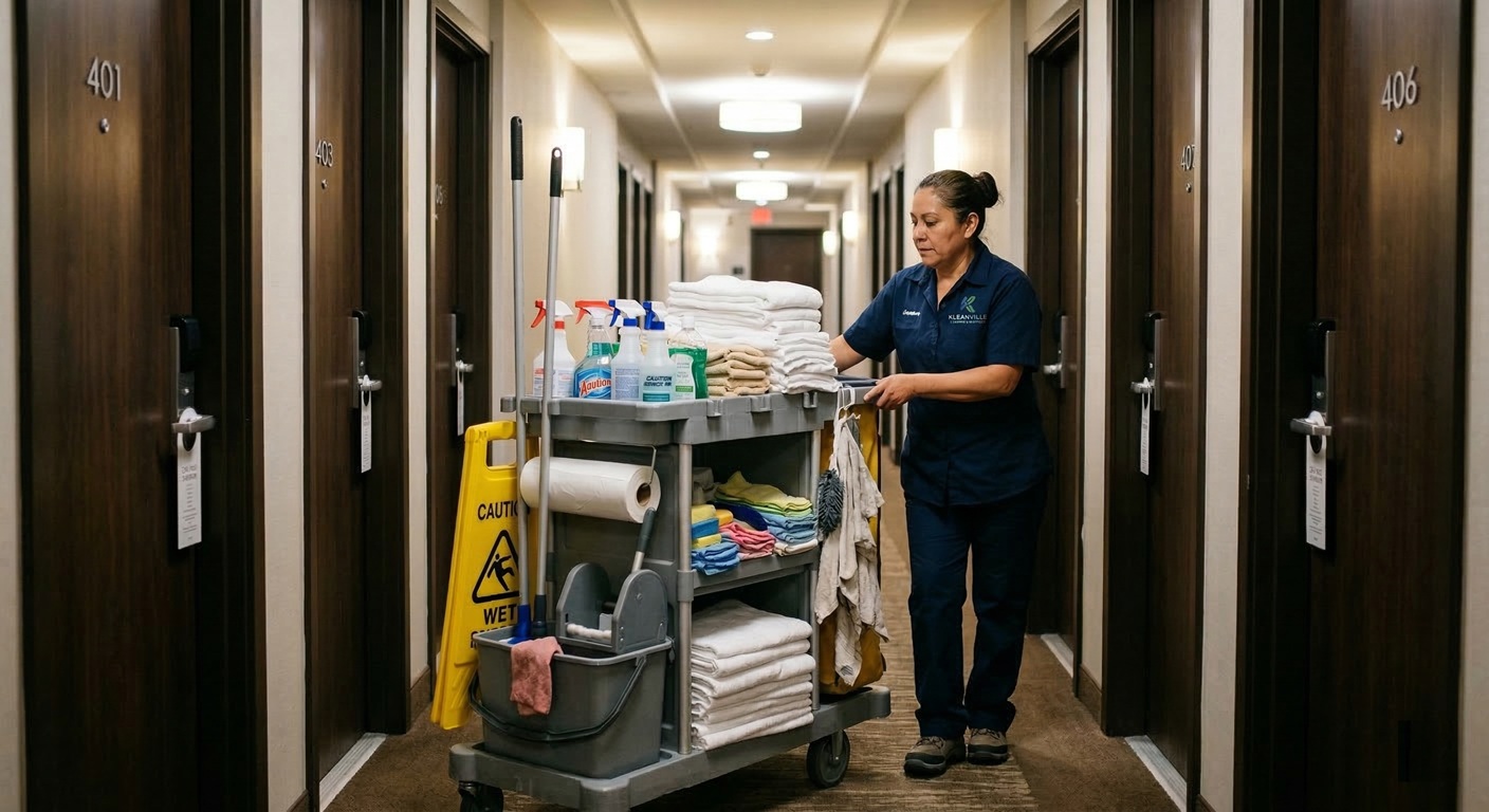 Cleaner with trolley in hotel aisle